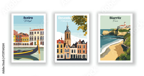 Aveiro, Portugal. Biarritz, France. Deventer, Netherlands - Vintage travel poster. High quality prints
