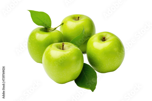 Four Green Apples With Leaves. A photo of four green apples with leaves on a White or Clear Surface PNG Transparent Background.