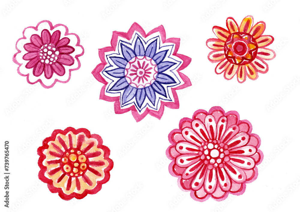 Set of decorative flowers on a white background. Filled with various ornaments and colors. Watercolor. Different shades of pink, red, blue, orange colors. Lines, dots, zigzags, waves. Stylization. Set of decorative flowers on a white background. Filled with various ornaments and colors. Watercolor. Different shades of pink, red, blue, orange colors. Lines, dots, zigzags, waves. Stylization.