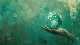 Creative Conceptual Art: Transparent Hand Holding Earth Model on Translucent Green Surface - Abstract Mixed Media Design for Eco-Friendly Future Innovation