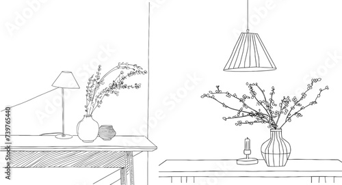 Continuous one line drawing. Lamp on the table photo
