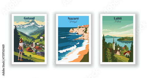 Gstaad, Switzerland. Lahti, Finland. Nazaré, Portugal - Vintage travel poster. High quality prints
