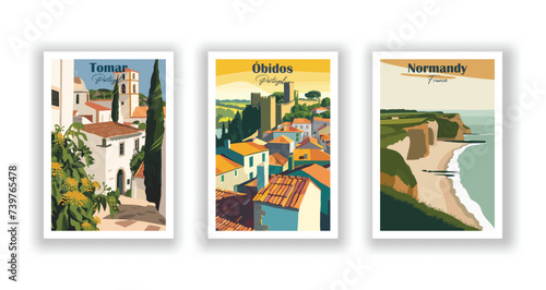 Normandy, France. Óbidos, Portugal. Tomar, Portugal - Vintage travel poster. High quality prints photo