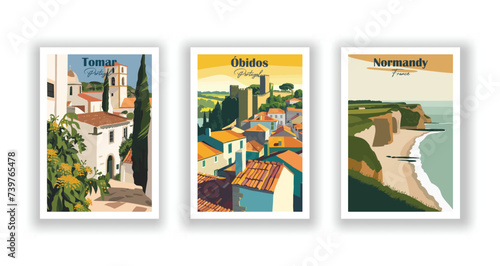 Normandy, France. Óbidos, Portugal. Tomar, Portugal - Vintage travel poster. High quality prints