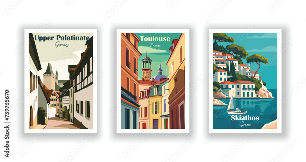 Skiathos, Greece. Toulouse, France. Upper Palatinate, Germany - Vintage travel poster. High quality prints
