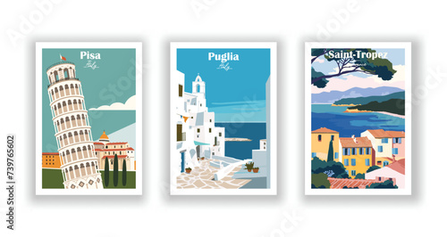 Pisa, Italy. Puglia, Italy. Saint-Tropez, France - Vintage travel poster. High quality prints