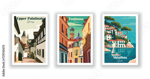 Skiathos, Greece. Toulouse, France. Upper Palatinate, Germany - Vintage travel poster. High quality prints photo