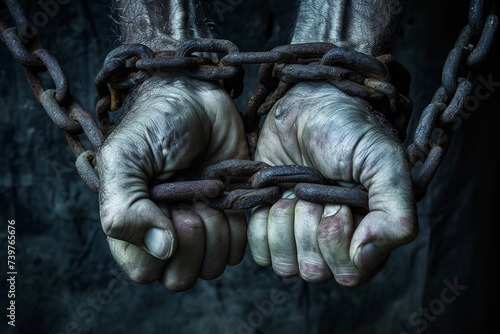 hands of a prisoner clutching a large iron chain