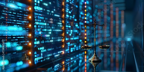 Legal scales against data center symbolizing law and technology integration. Concept Law & Technology Integration, Legal Scales, Data Center, Symbolism