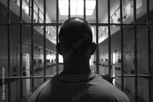 bald man behind prison bars