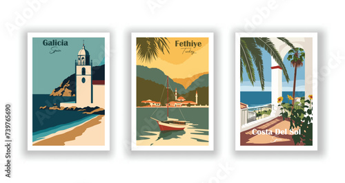 Costa Del Sol, Spain. Fethiye, Turkey. Galicia, Spain - Vintage travel poster. High quality prints photo