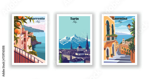 Sorrento, Italy. Taormina, Italy. Turin, Italy - Vintage travel poster. High quality prints