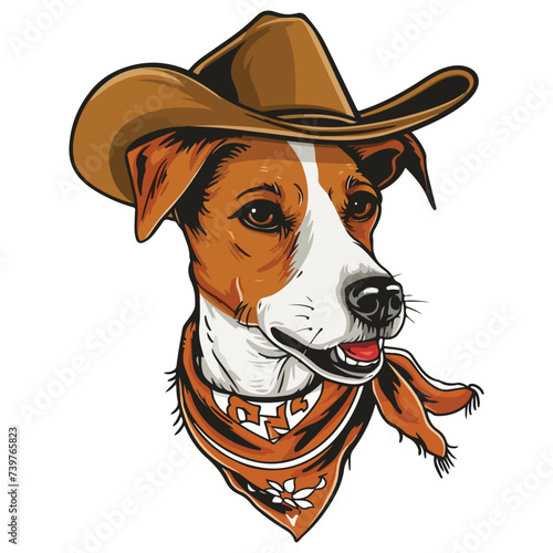 Jack Russell Terrier dog Head wearing cowboy hat and bandana around neck