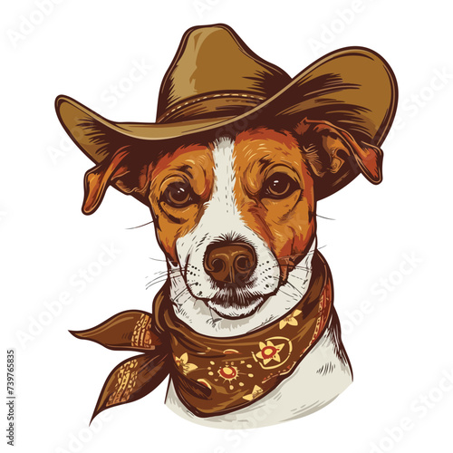 Jack Russell Terrier dog Head wearing cowboy hat and bandana around neck