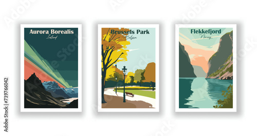 Aurora Borealis, Iceland. Brussels Park, Belgium. Flekkefjord, Norway - Vintage travel poster. High quality prints