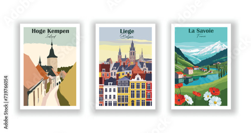 Hoge Kempen, Belgium. La Savoie, France. Liege, Belgium - Vintage travel poster. High quality prints photo