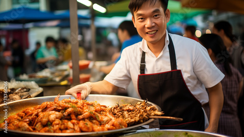 A bustling street food stall specializes in serving up delectable shrimp and squid dishes, with a friendly customer service approach that delights patrons,