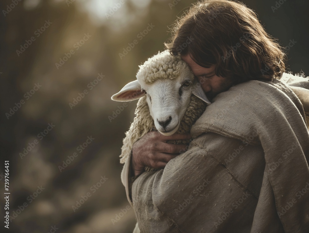 Obraz premium Jesus Christ hugs a little lamb.