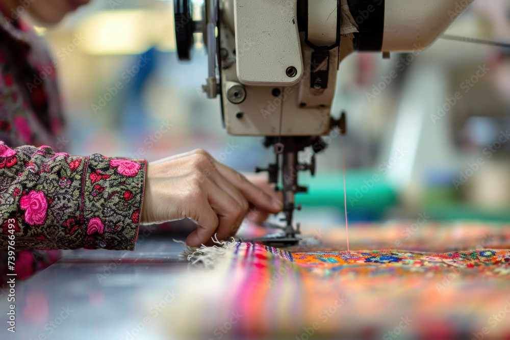 Artisan sewing colorful fabric on industrial machine. Traditional craftsmanship.