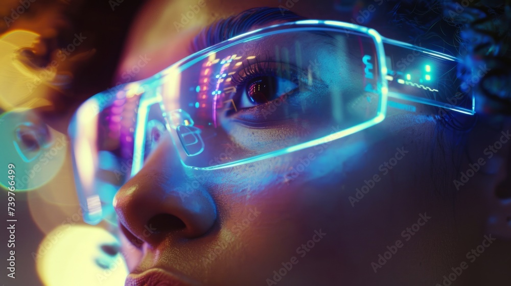 Tech Innovation Futuristic image of a person wearing augmented reality glasses, showcasing the latest in technology Tech Innovation Futuristic image of a person wearing augmented reality glasses, showcasing the latest in technology