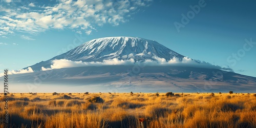 Iconic Mount Kilimanjaro rises majestically above the vast African savannah landscape. Concept Travel, Nature, Africa, Landscapes, Mount Kilimanjaro photo