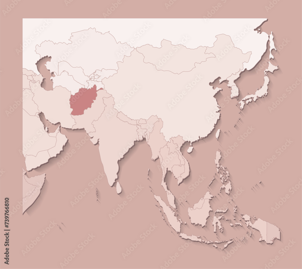 Vector illustration with asian areas with borders of states and marked country Afghanistan. Political map in brown colors with regions. Beige background