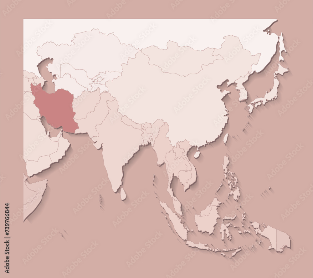 Fototapeta premium Vector illustration with asian areas with borders of states and marked country Iran. Political map in brown colors with regions. Beige background
