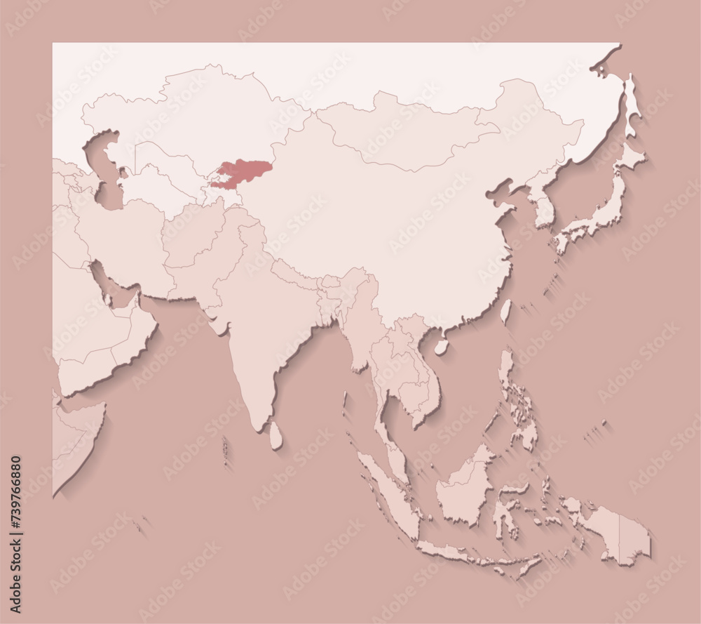 Naklejka premium Vector illustration with asian areas with borders of states and marked country Kyrgyzstan. Political map in brown colors with regions. Beige background