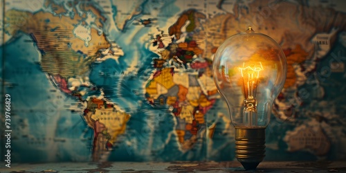 Global education concept with lightbulb map and travelthemed elements in collage. Concept Global Education, Lightbulb Map, Travel Theme, Collage Elements photo