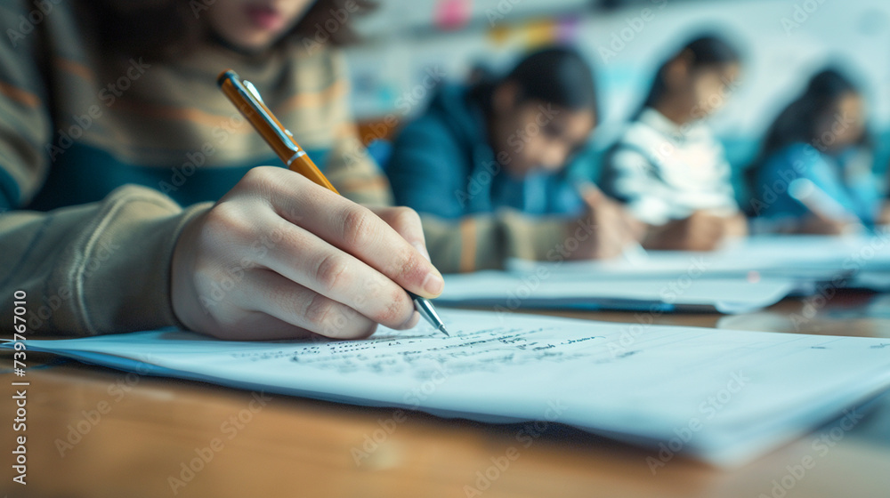 Student Taking Notes in Classroom Setting. Close-up of a student's hand writing detailed notes during a focused classroom lecture session. Student Taking Notes in Classroom Setting. Close-up of a student's hand writing detailed notes during a focused classroom lecture session.