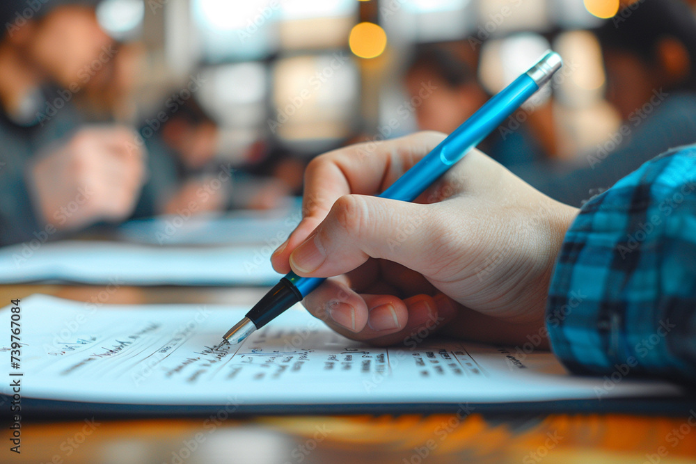 Student Taking Notes in Classroom Setting. Close-up of a student's hand writing detailed notes during a focused classroom lecture session. Student Taking Notes in Classroom Setting. Close-up of a student's hand writing detailed notes during a focused classroom lecture session.
