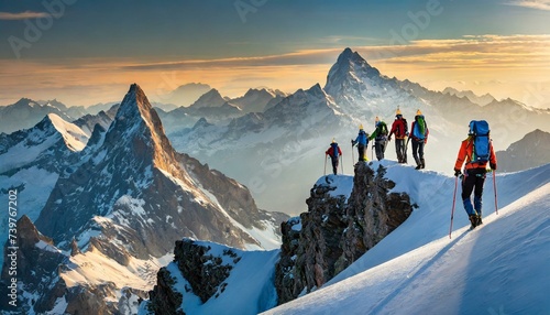 Sporty hiking and magnificent snowy mountains by a group of professional mountaineers