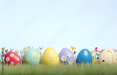 Colorful Easter Eggs Adorned With Patterns Hidden Among Green Grass and Spring Flowers.