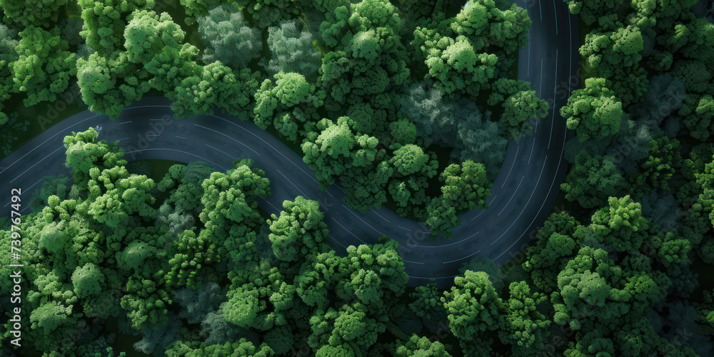 Top view of highway road in the forest mountains