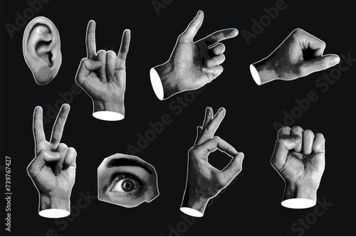 Retro set of halftone elements for banner, poster, card design. Trendy halftone collage hands set. Hand gestures, lips, eyes. Contemporary vector illustration.