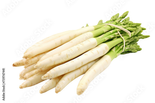 A group of white asparagus is neatly arranged showcasing their pale color and distinctive shape. on a White or Clear Surface PNG Transparent Background.