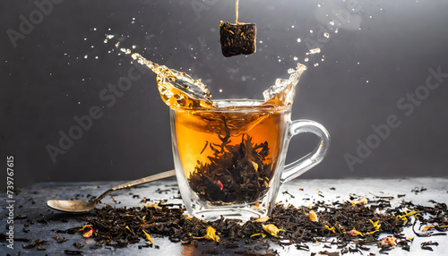 Tea splashing in a teacup with tea leaves
