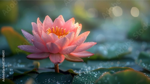 a sea of green foliage, a vibrant pink Lotus flower emerges, its petals unfurling in a graceful dance against the verdant backdrop photo