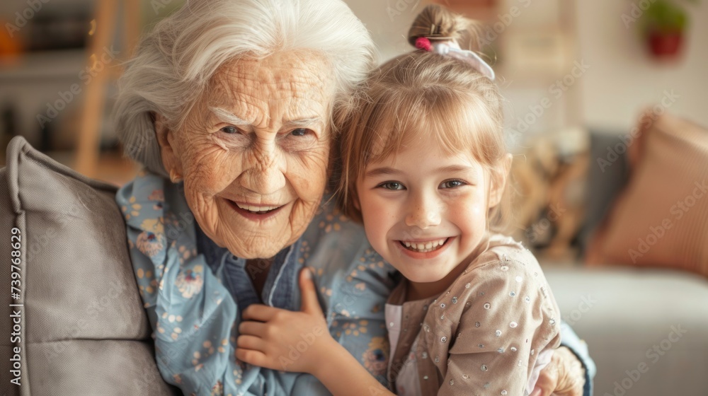 Heartwarming Grandma and niece moments captured for emotional impact in living room - obrazy, fototapety, plakaty 