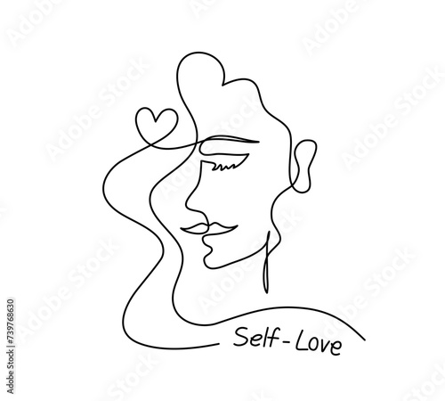Continuous line drawing of a beautiful woman with a heart in self love concept, editable lineart vector.