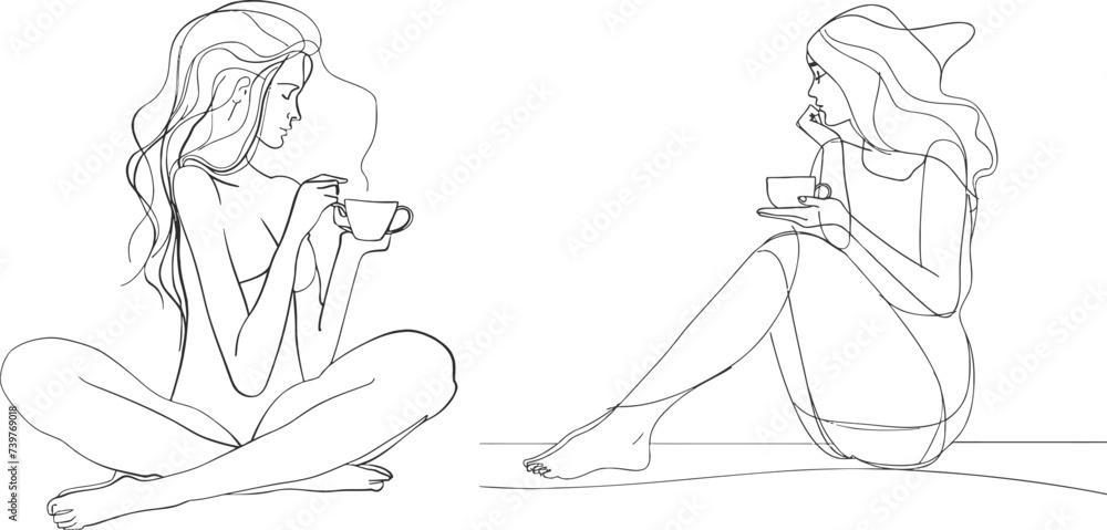 continuous line drawing of sitting dreaming woman with cup of tea