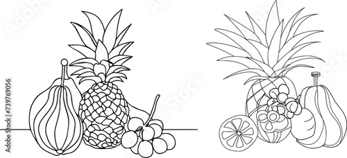 One line fruits. Continuous line exotic pineapple banana citrus pear and grape, trendy monoline healthy food. Vector fruit isolated set
