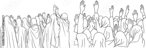One single line drawing of muslim people open and raise hands to pray to God photo