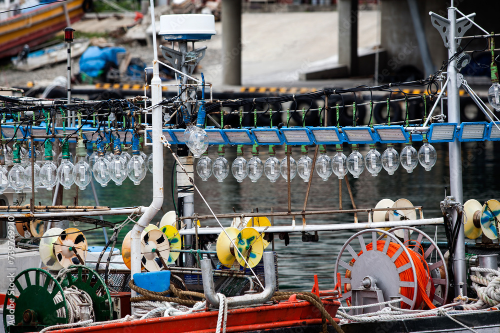 View of the boat for fishing squid at the harbor in Ullengdo View of the boat for fishing squid at the harbor in Ullengdo