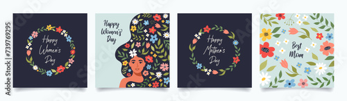 Happy Women's Day card set. Hand drawn spring floral backgrounds. Trendy poster, banner, social media post with a beautiful woman, flowers and branches. Vector template for March 8, Mother's Day.