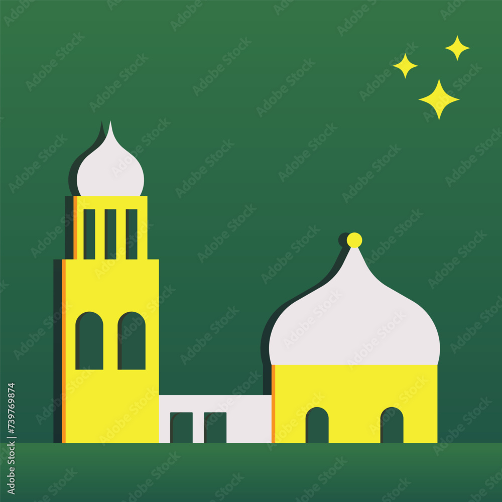 Flat background vector illustration with Ramadan theme. Islamic background with green, yellow and white colors. Mosque flat illustration. Suitable for greeting cards, posters, flyers, banners, etc.