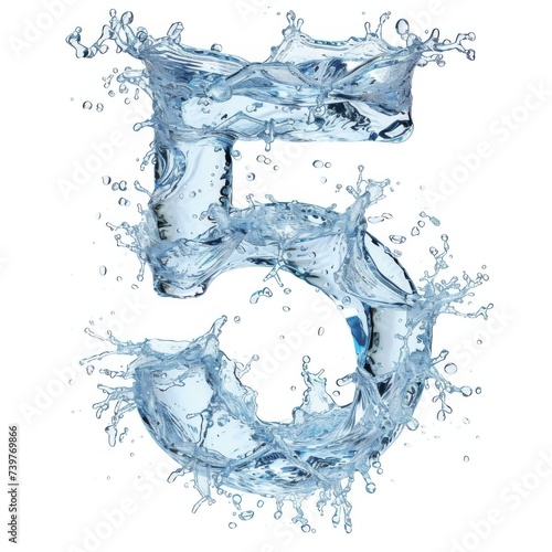 Spectacular number five and splash of clear water. Digital close-up on white background in water spray. Blue water splash alphabet isolated on white. Water splash text, letter 5. Transparent blue wave