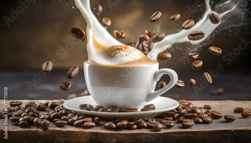 Aromatic coffee splashing in a coffee cup with coffee beans