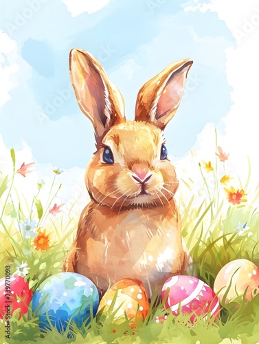 Rabbit Sitting in Grass With Easter Eggs