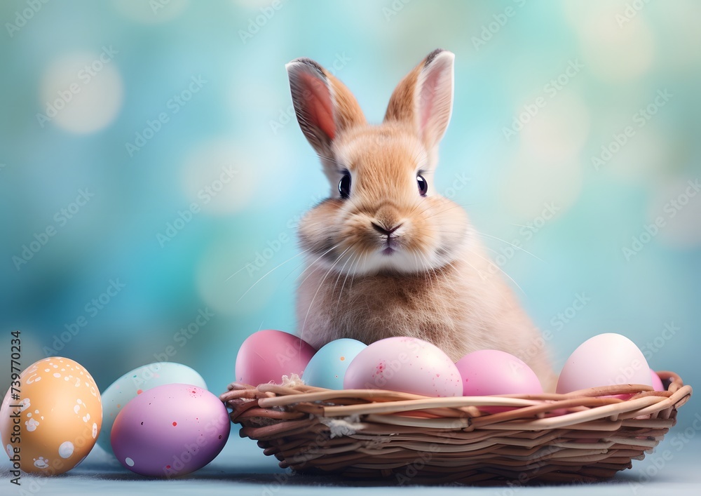 Rabbit Sitting in Basket With Easter Eggs